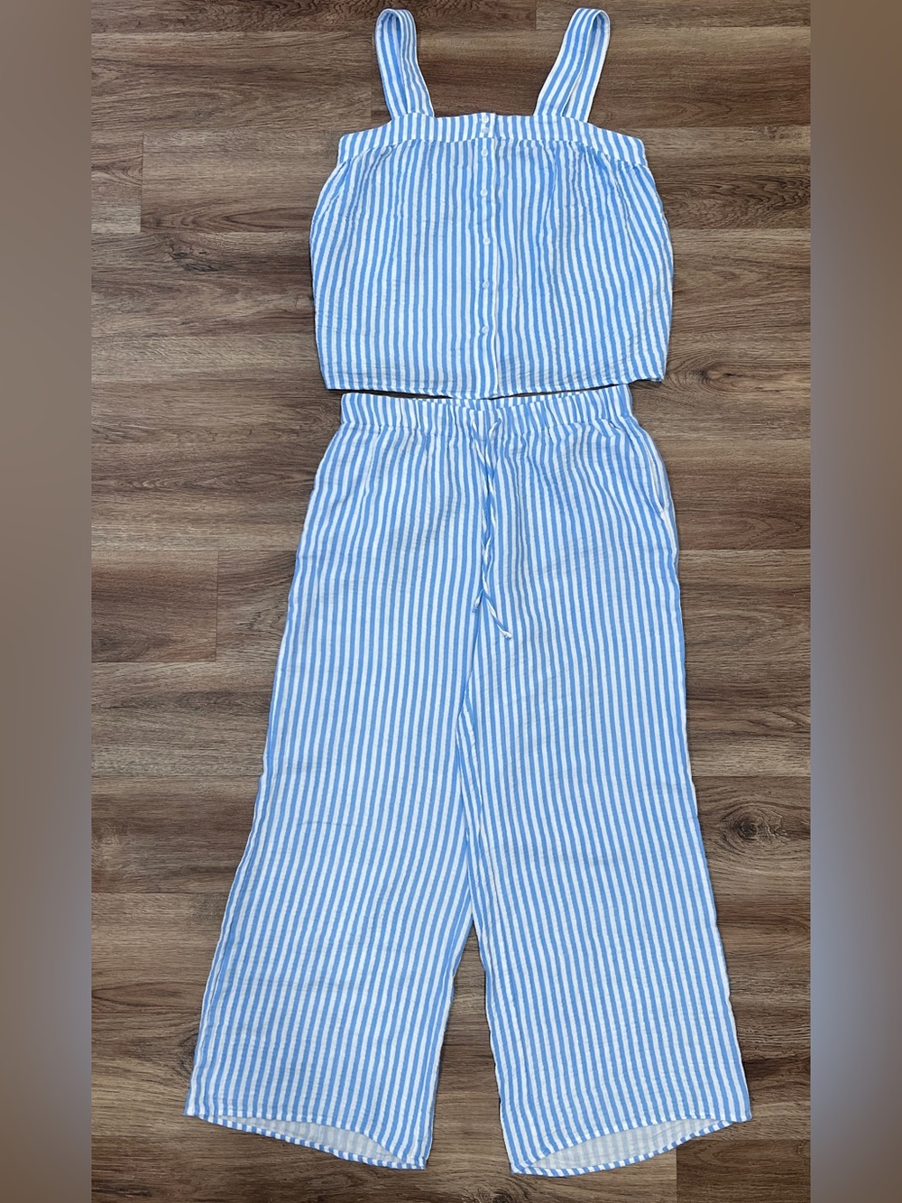 LAKE Hamptons Pajama Set in Sail Blue Awning Stripe Gauze Medium - Picture 2 of 13